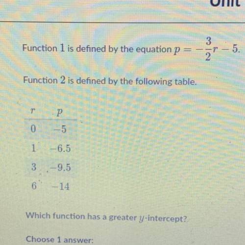 Function 1 is defined by the equation p= --3/2r - 5. function 2 is defined by the following table.