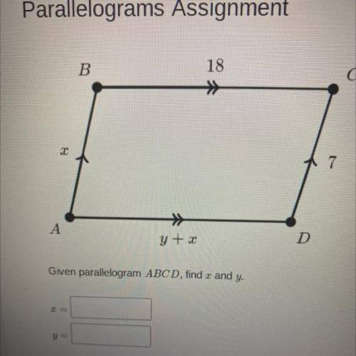 Given parallelogram ABCD, find and y.