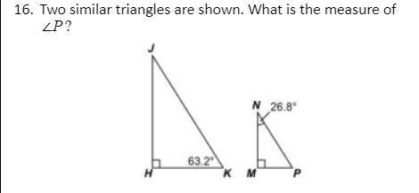 Two similar triangles are shown. What is the measure of ∠P?