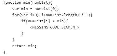 This function finds the minimum number in a list. What should be replaced with in order for this fu
