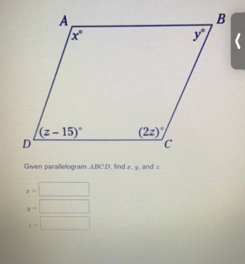 Given parallelogram ABCD, find x, y, and z.