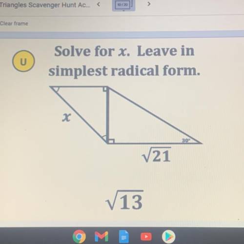 Solve for x. Leave in
simplest radical form. (special right triangle)