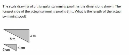 The scale drawing of a triangular swimming pool has the dimensions shown. The longest side of the a