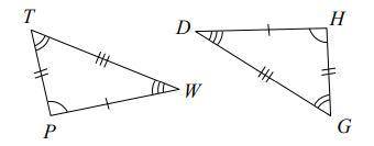 Write a congruency statement for the following triangles.

1. PTW ≅ HGD
2. TWP ≅ HGD
3. WPT ≅ GHD