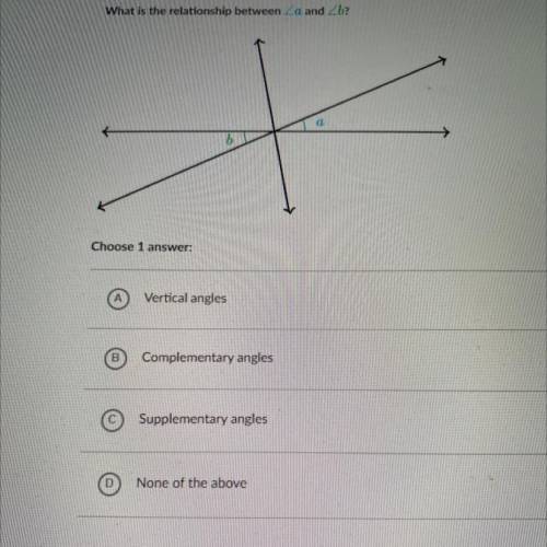 What is the relationship between a and b?

Choose 1 
A) Complementary angles
B) Vertical an