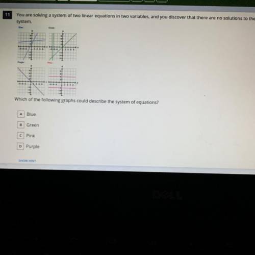 Which of the following graphs could describe the system of equations?

A Blue
B Green
C Pink
D Pur