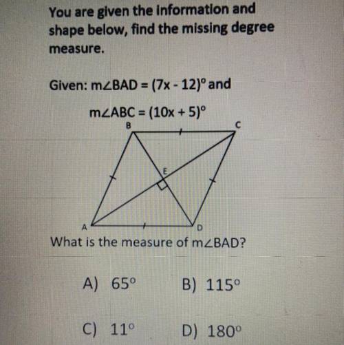 You are given the information and

shape below, find the missing degree
measure.
Given: m
m
What i