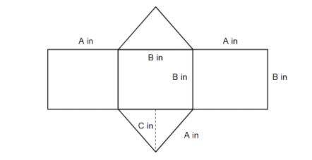 What is the total surface area of the triangular prism below if A = 8, B = 9 and C = 5?