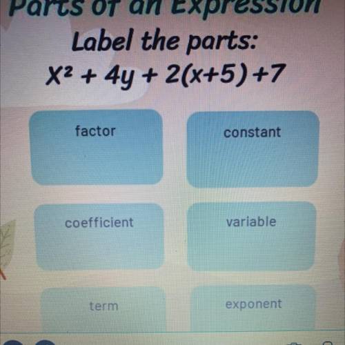 Label the parts:

X2 + 4y + 2(x+5) +7
factor
constant
coefficient
variable
term
exponent