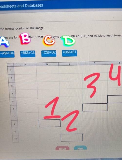 PLEASE ANSWER ASAP!!

Where does each box go? suppose cell C5 contains the formula =B$6+C1 that yo
