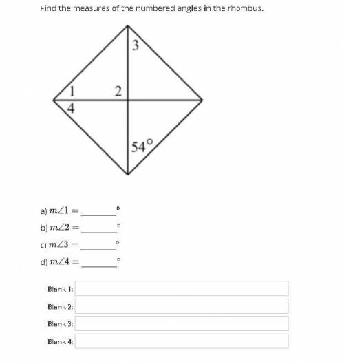 Find the measures of the numbered angles in the rhombus.
