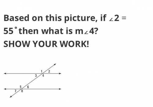 Based on this picture, if ∠2 = 55˚then what is m∠4? 
SHOW YOUR WORK PLEASE!