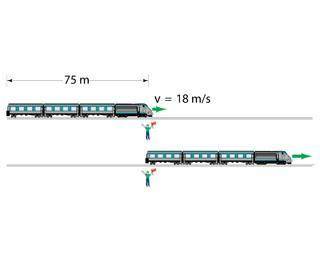 A 75-m m -long train begins uniform acceleration from rest. The front of the train has a speed of 1