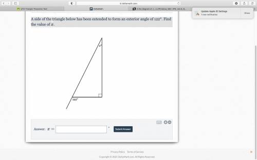A side of the triangle below has been extended to form an exterior angle of 122°. Find the value of