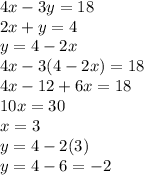 4x - 3y = 18 \\ 2x + y = 4 \\ y = 4 - 2x \\ 4x - 3(4 - 2x) = 18 \\ 4x - 12 + 6x = 18 \\ 10x = 30 \\ x = 3 \\ y = 4 - 2(3) \\ y = 4 - 6 =  - 2
