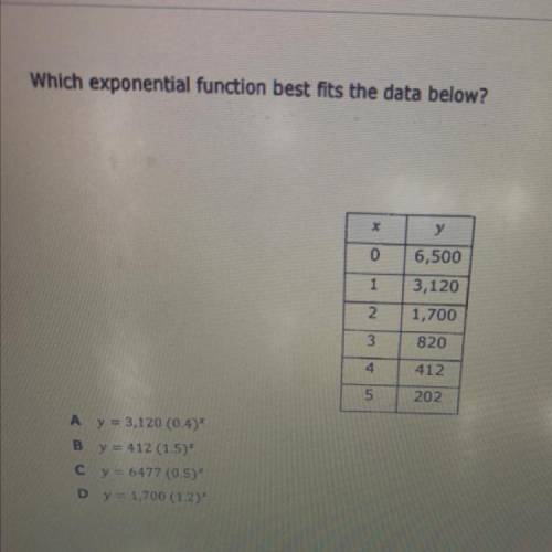 Which exponential function best fits the data below?

X
0
6,500
3,120
1,700
2
3
820
4
412
5
202
Ay