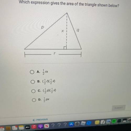 Which expression gives the area of the triangle shown below?
Help
