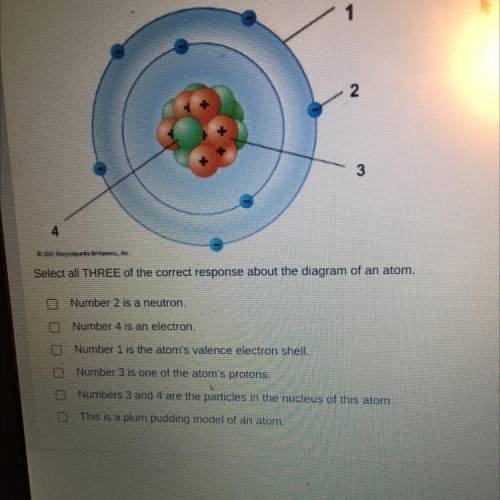 Select all THREE of the correct response about the diagram of an atom.

 
Number 2 is a neutron.
Nu