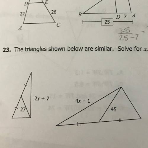 The triangles shown below are similar. Solve for x.