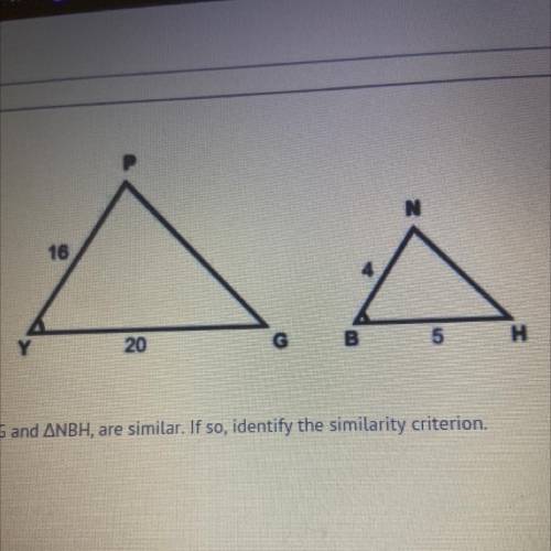 Determine if the triangles,

APYG and ANBH, are similar. If so, identify the similarity criterion.