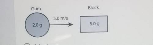 A 2.0-gram piece of gum is flicked straight at 5.0 meters per second toward a 5.0 gram block at res