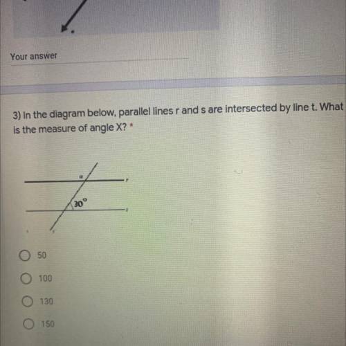 Pls help, 
Parallel lines r and s are intersected by t what is the measure of angle x