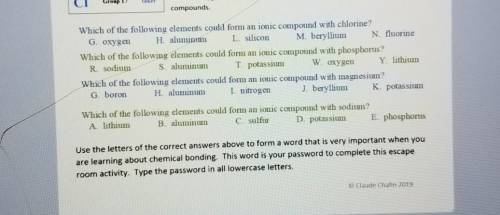 Which of the following elements could for an ionic compound with chlorine? G. oxygen H. aluminin L.