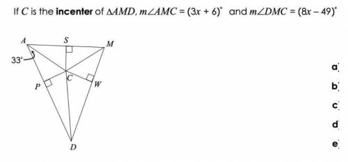 What is the value of x?

What is the measure of angle DMC?
What is the measure of angle MAD?
What