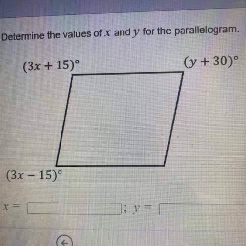 Determine the values of x and y for the parallelogram.