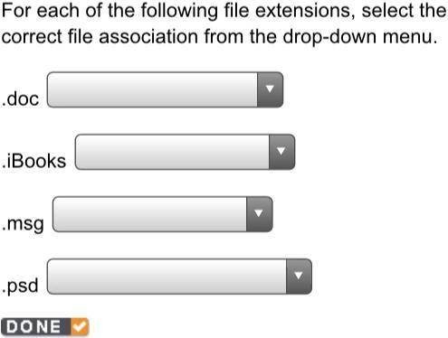 For each of the following file extensions, select the correct file association from the drop-down m