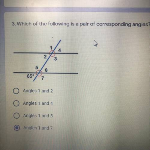 3. Which of the following is a pair of corresponding angles?

Angles 1 and 2
Angles 1 and 4
Angles