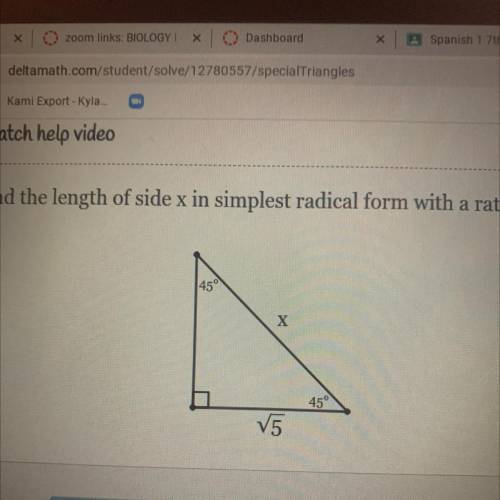 What is the answer. What is the length of side x in the simplest radical form with a rational denom