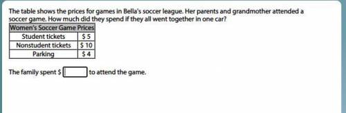 The table shows the prices for games in Bella's soccer league. Her parents and grandmother attended