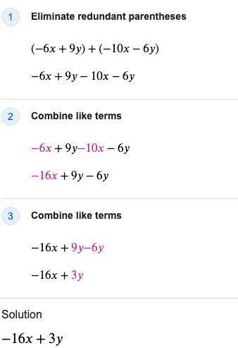 Find an expression which represents the sum of (-6x + 9y) + (-10 X - 6y)​
