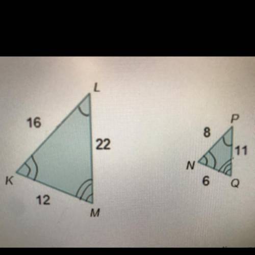 Which statement describes the relationship, if any, that exists between triangle KLM and triangle N