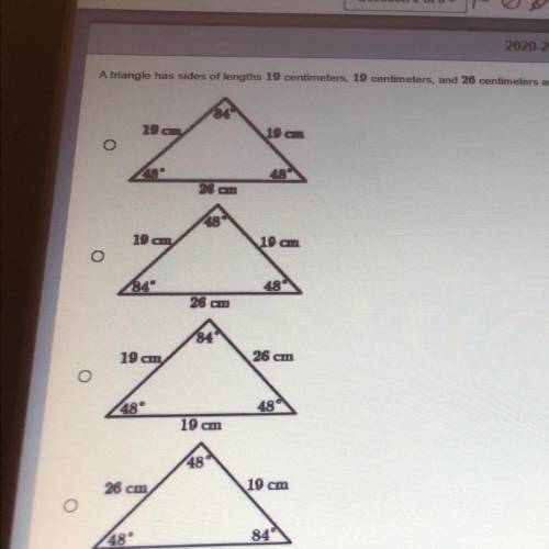A triangle has of sides of lengths 19 centimeters,19 centimeters,and 26 centimeters and angle measu