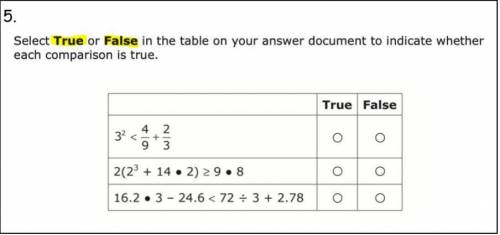 Select True Or False in the table on your answer document to indicate whether each comparison is tr
