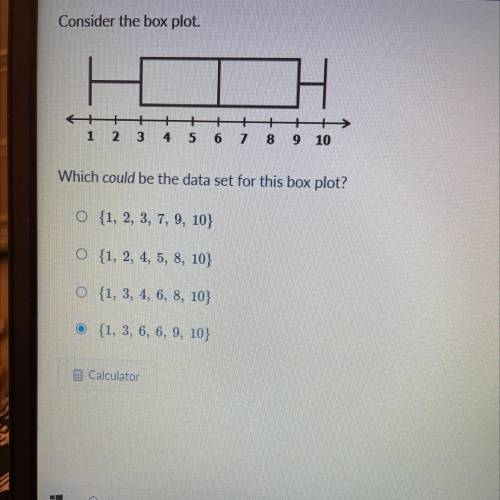 Consider the box plot.

A+++ ++ +
+
1 2 3 4 5 6 7 8 9 10
Which could be the data set for this box