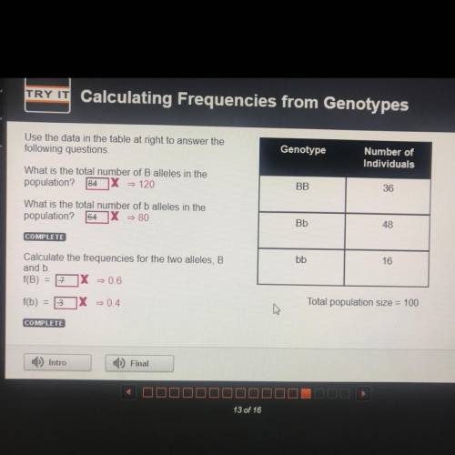 Putting this on here these are the answers for.

Calculating Frequencies from genotypes 
use the f