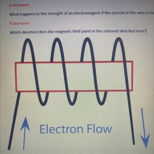 Which direction does the magnetic field point in the solenoid sketched here?
Electron Flow