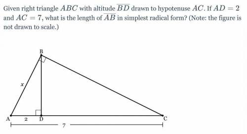 HELP PLSSSS

Given right triangle ABCABC with altitude \overline{BD} 
BD
drawn to hypotenuse ACAC.
