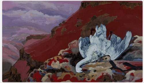 Take a moment to analyze this work:

(Swan lays across a red hill that protrudes into a purplish-p