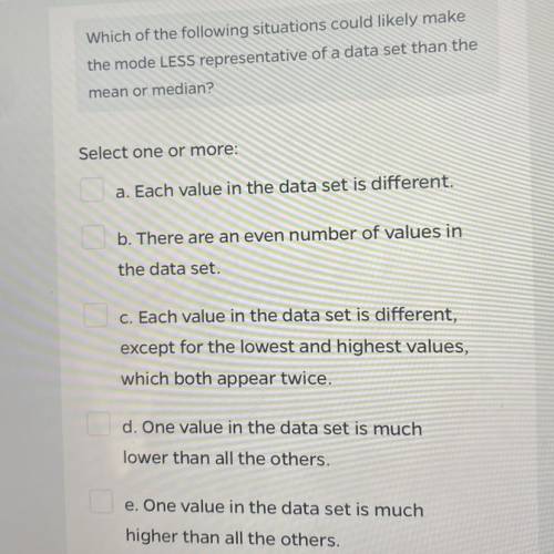 Which of the following situations could likely make

the mode LESS representative of a data set th