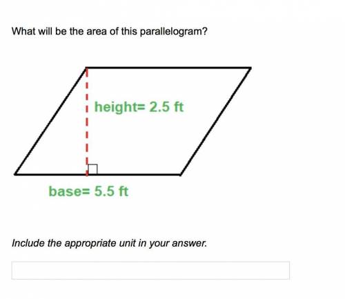 What will be the area of this parallelogram?

Include the appropriate unit in your answer.