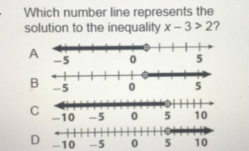 Which number line represents the solution to the inequality x - 3 > 2