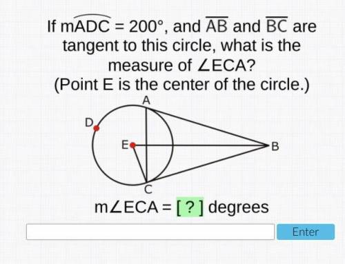 The measure of ADC is 200 degrees, and lines AB and BC are tangent to this circle. What is the meas