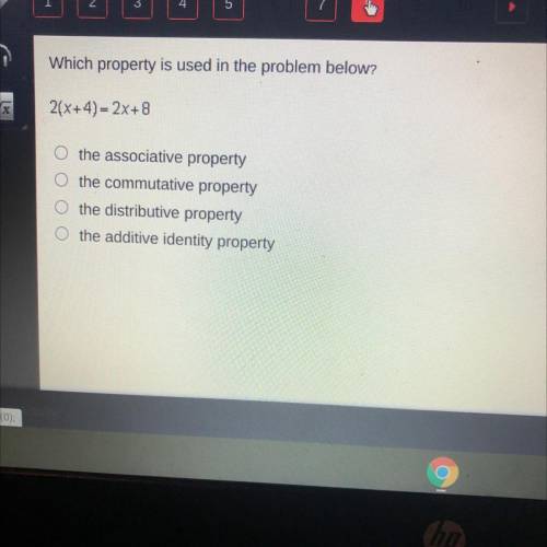Which property is used in the problem below?

2(x+4)=2x+8
ОООО
the associative property
the commut