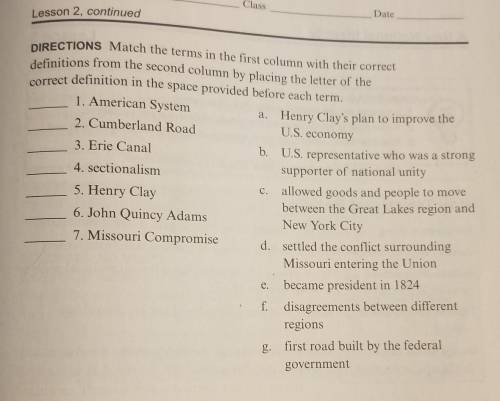 DIRECTIONS Match the terms in the first column with their correct definitions from the second colum