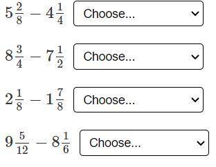 Which subtraction sentences have a difference of 1 1/4? Choose Yes or No for each number sentence.