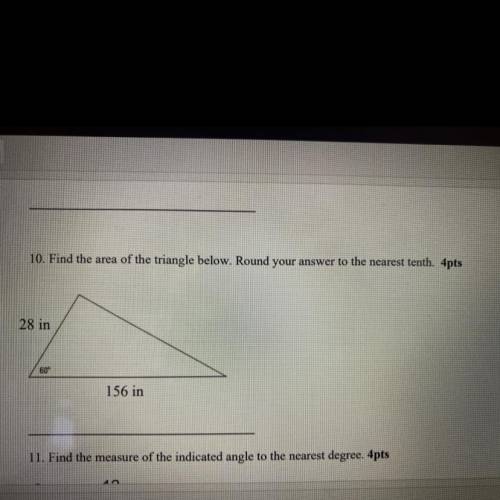 Find the area of the triangle below. Round your answer to the nearest tenth.

28 in
60°
156 in